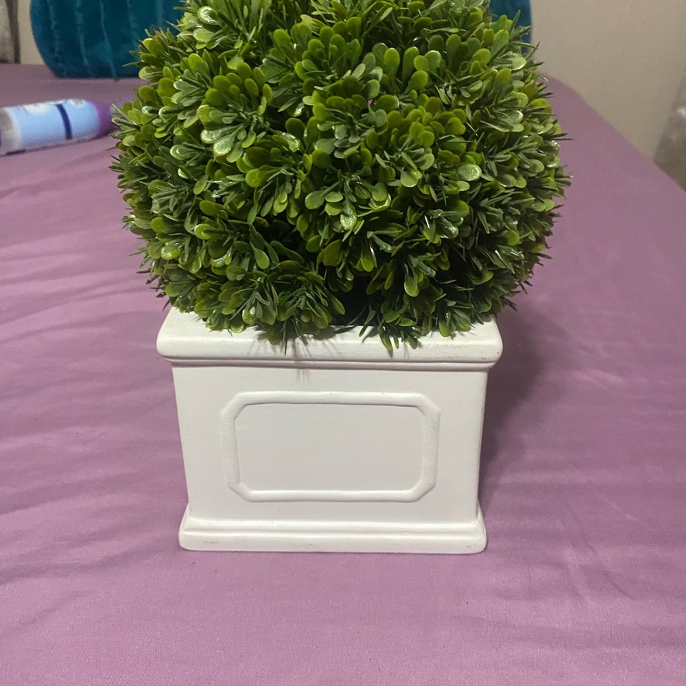 White Decorative Planter with Green Faux Topiary - Home Accents